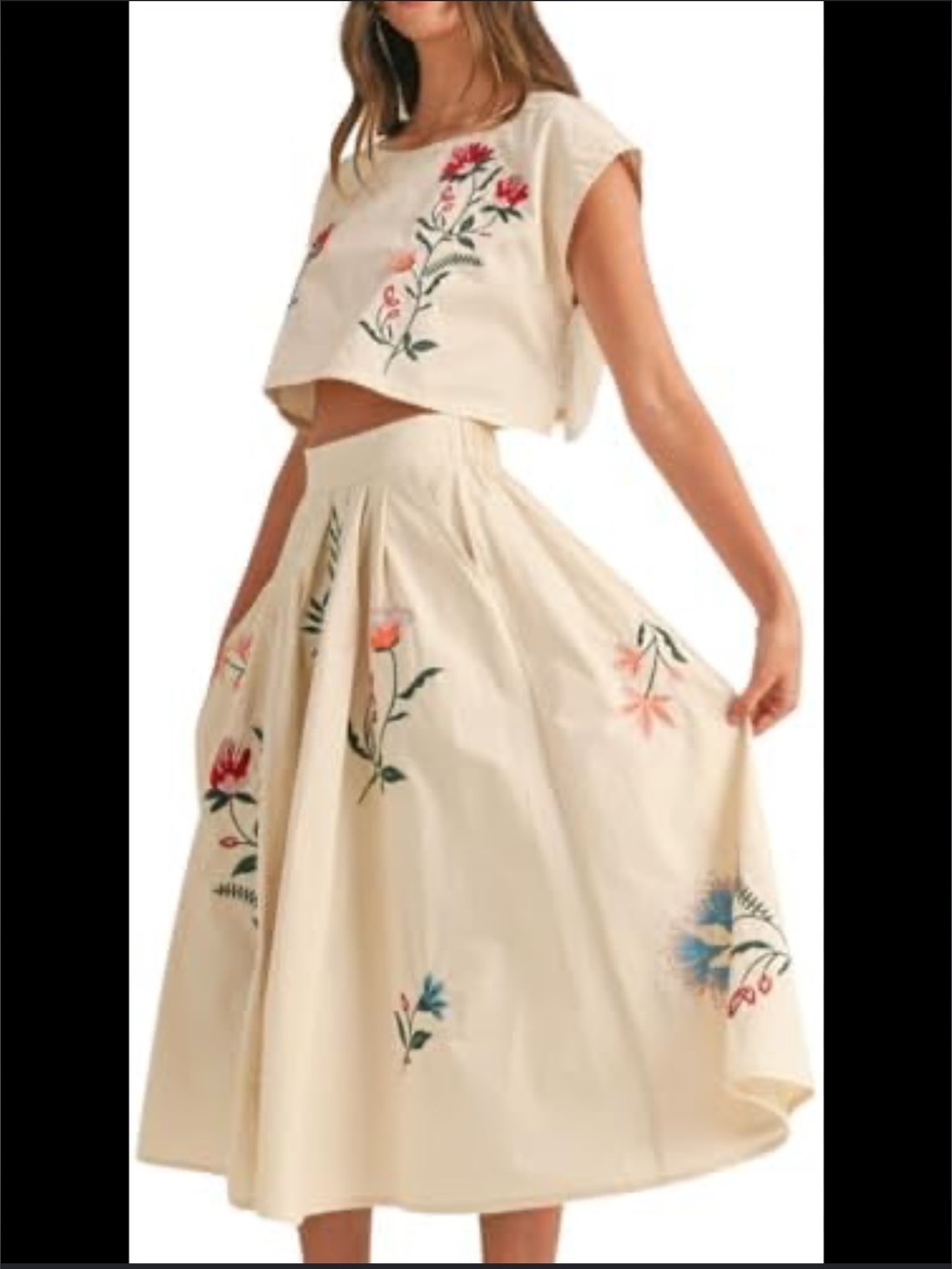 Women's Cream Bohemian Embroidered Floral Midi Skirt